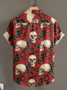 Men Skull & Floral Print Shirt Without Tee, For Halloween - Red - View 2
