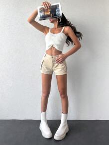 EURMUSE Women's Solid Color Drawstring Design Casual Camisole Knit Top - White - View 3