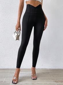 SHEIN Essnce Quần bó cạp cao dệt kim giản dị có nút trang trí cho nữ - màu đen - Xem 6
