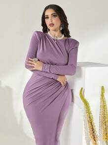 Modelyn Vestido bajo cruzado algodón unicolor fruncido - Lila Púrpura - Ver 3