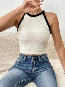SHEIN Essnce Tương phản ràng buộc Mùa vụ Dây Knit ngọn - Màu be - Xem 3