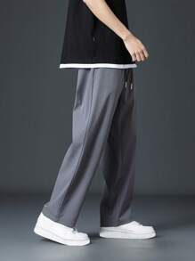 Men Drawstring Waist Straight Leg Trousers - Grey - View 4
