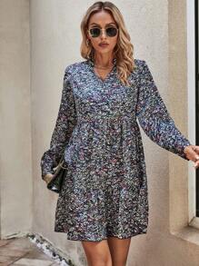 SHEIN LUNE All Over Print Notched Neckline Ruffle Hem Smock Dress - Multicolor - View 5