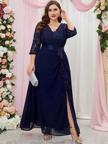 MIUSOL Plus Contrast Lace Ruffle Trim Split Thigh Evening Party Long Dress, Formal Dress, Wedding Guest Dress, Fall Winter Dress - Navy Blue - View 5