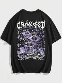 ROMWE MEN Goth Spring/Summer Casual Graphic Men Eye Skull & Letter Graphic Tee, School, 2000S Style - Black - View 1