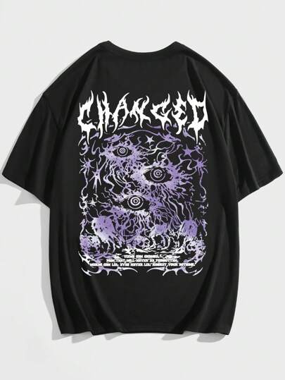 Goth Men Eye Skull & Letter Graphic Tee, School, 2000s Style