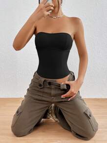 SHEIN EZwear Summer Black Solid Rib-Knit Tube Top - Black - View 5