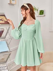 SHEIN Teen Girl Sweetheart Neck Ruched Front Lantern Sleeve Dress - Mint Green - View 6
