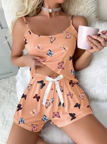 Butterfly Print Cami Top & Bow Front Shorts PJ Set / Pajama Set
