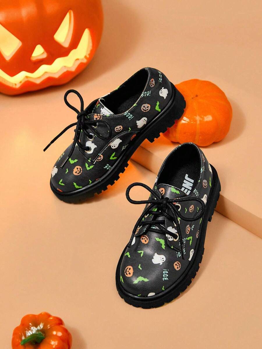 萬聖節流行時尚男孩繫帶牛津鞋帶圖案圖案 - 黑色 - 查看 1