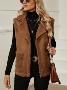 SHEIN LUNE 女式灯芯绒领口拼接麂皮背心夹克，带侧袋，休闲保暖秋冬装 - 棕色 - 查看 5