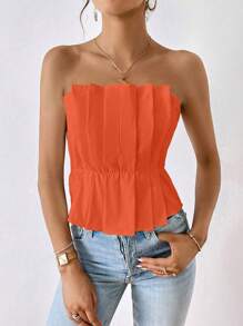 SHEIN Privé 素色百褶抹胸上衣 - 橘色 - 查看 1