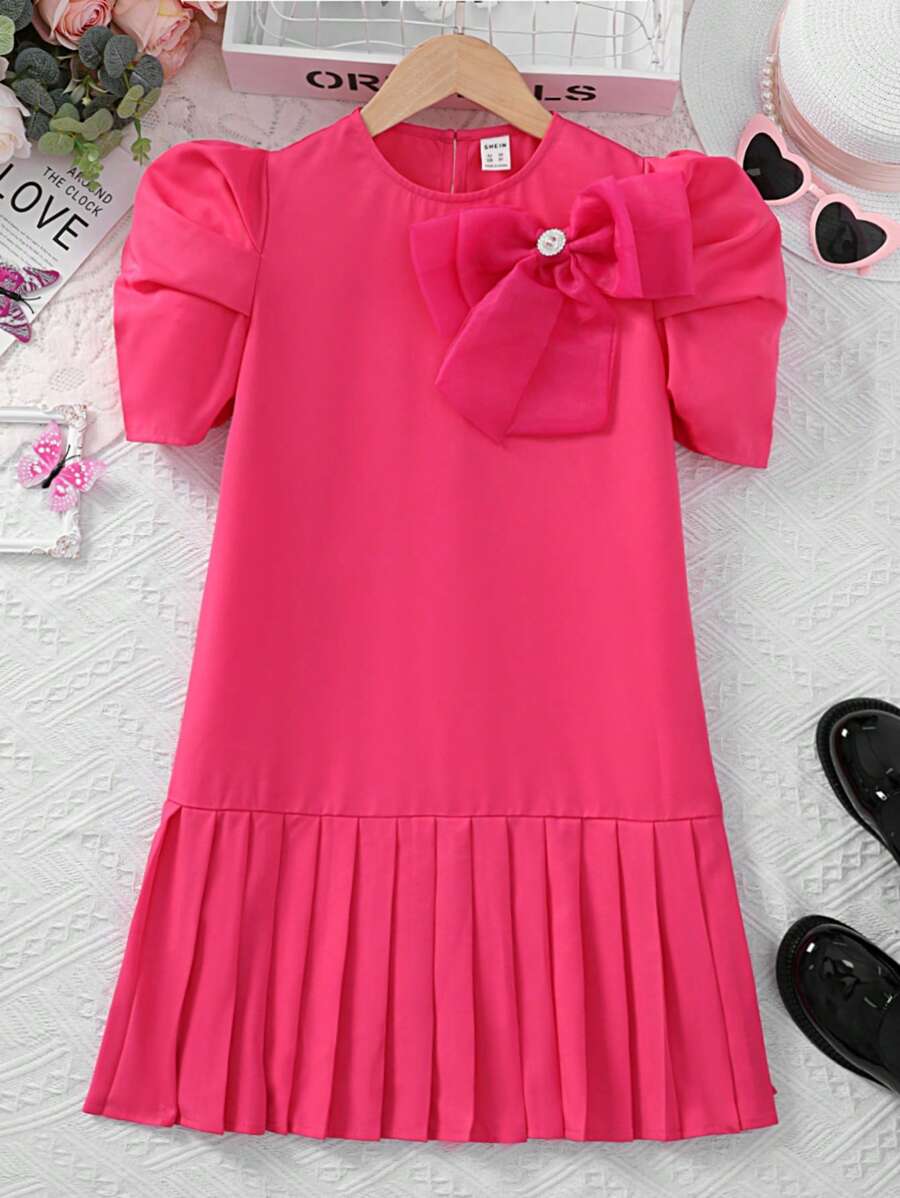 SHEIN Tween Girl Bow Front Puff Sleeve Pleated Hem Dress - Hot Pink - View 1