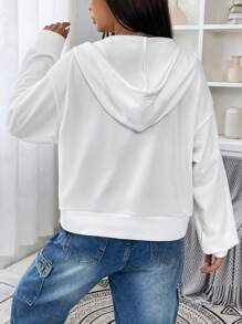 SHEIN EZwear 字母補丁細節落肩袖抽繩拉鍊連帽衫 - 白色 - 查看 2