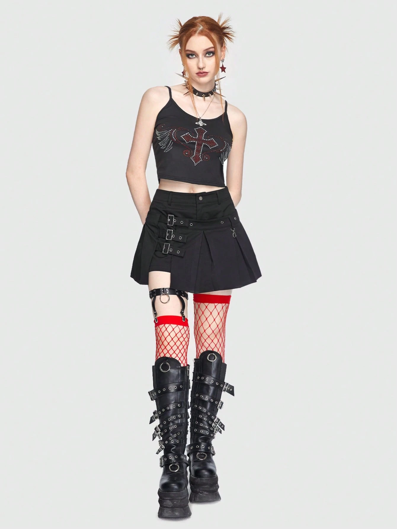 Our Grunge Punk Solid Grommet Eyelet Buckle Detail Pleated Skort