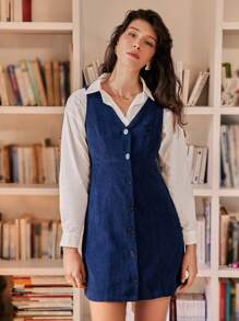 SHEIN Frenchy Nút phía trước Vải to sợi Đầm Tổng thể Không có áo lót - Màu xanh hải quân - Xem 2