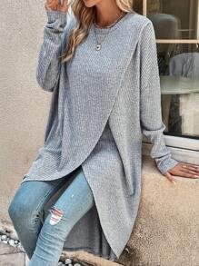 SHEIN LUNE 素色鬱金香下擺T恤不附腰帶 - 灰色 - 查看 5