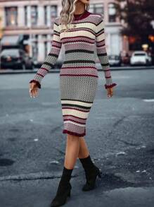 EMERY ROSE 鋸齒圖案喇叭袖荷葉邊毛衣洋裝 - 彩色 - 查看 4