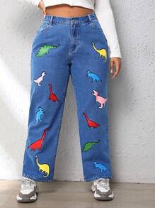 SHEIN EZwear Hơn In Khủng long Quần jean Mom Fit - Rửa nhẹ - Xem 3