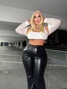 SHEIN SXY 大碼素色網眼針織短款開衫 - 白色 - 查看 4