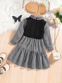 SHEIN Genkimix Kids 返校格子拼布衬衫领、喇叭形分层裙装、优雅舒适的休闲校服风格，适合年轻女孩 - 彩色 - 查看 2