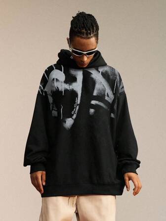 男士字母圖案落肩袖連帽衫