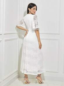 Modelyn Fringe Trim Butterfly Sleeve Lace Dress - White - View 2