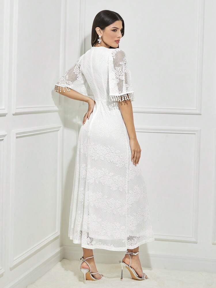 Fringe Trim Butterfly Sleeve Lace Dress