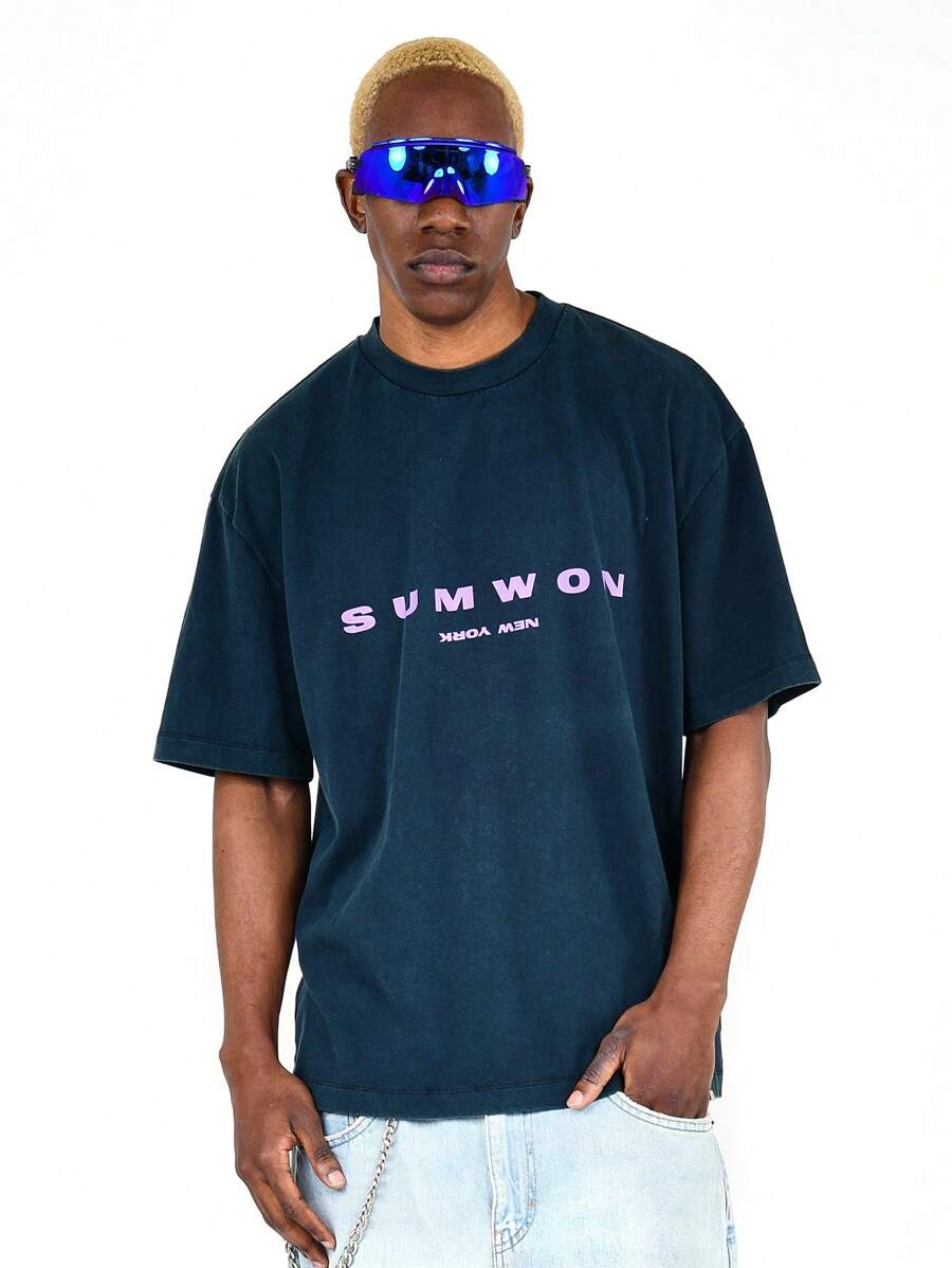 SUMWON Washed Tee With City Graphic Print - Navy Blue - View 1