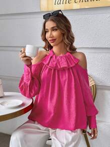 SHEIN Privé Swiss Dot Cold Shoulder Ruffle Trim Lantern Sleeve Blouse - Hot Pink - View 3