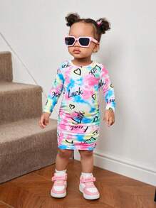 SHEIN Baby Girl Tie Dye Letter Graphic Ruched Side Dress - Multicolor - View 1