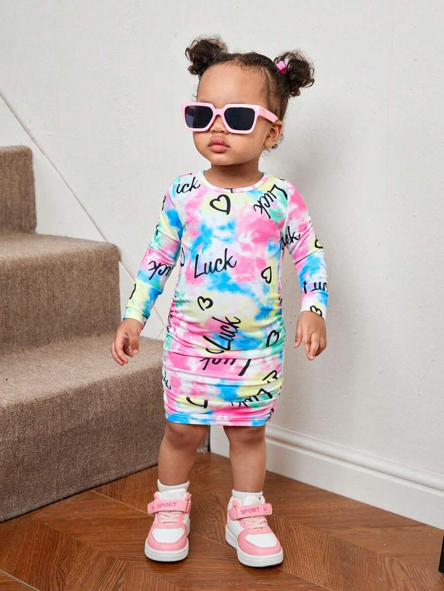 SHEIN Baby Girl Tie Dye Letter Graphic Ruched Side Dress - Multicolor - View 1