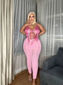 SHEIN SXY 大碼流蘇下擺後綁帶掛脖上衣 - 玫紅色 - 查看 1