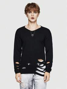 ROMWE MEN Goth Các bạn Chất rắn Rách Thả vai Áo len - màu đen - Xem 7