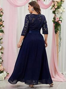 MIUSOL Plus Contrast Lace Ruffle Trim Split Thigh Evening Party Long Dress, Formal Dress, Wedding Guest Dress, Fall Winter Dress - Navy Blue - View 2
