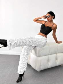 EURMUSE Solid Drawstring Waist Stacked Pants - White - View 5