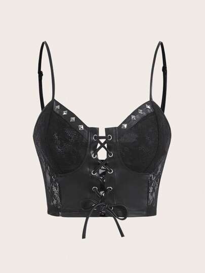 Top corto con scollo a V in pizzo e lacci, adatto per la scuola