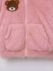 SHEIN 女小童針織素色長毛絨連帽絨毛熊胸章寬鬆休閒夾克 - 藕粉色 - 查看 4