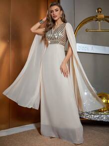 Contrast Sequin Cloak Sleeve Chiffon Formal Dress - Apricot - View 1