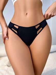Women's Elegant Black Knitted Fabric Cut Out Briefs With Slight Stretch, Plain Design - Black - View 1