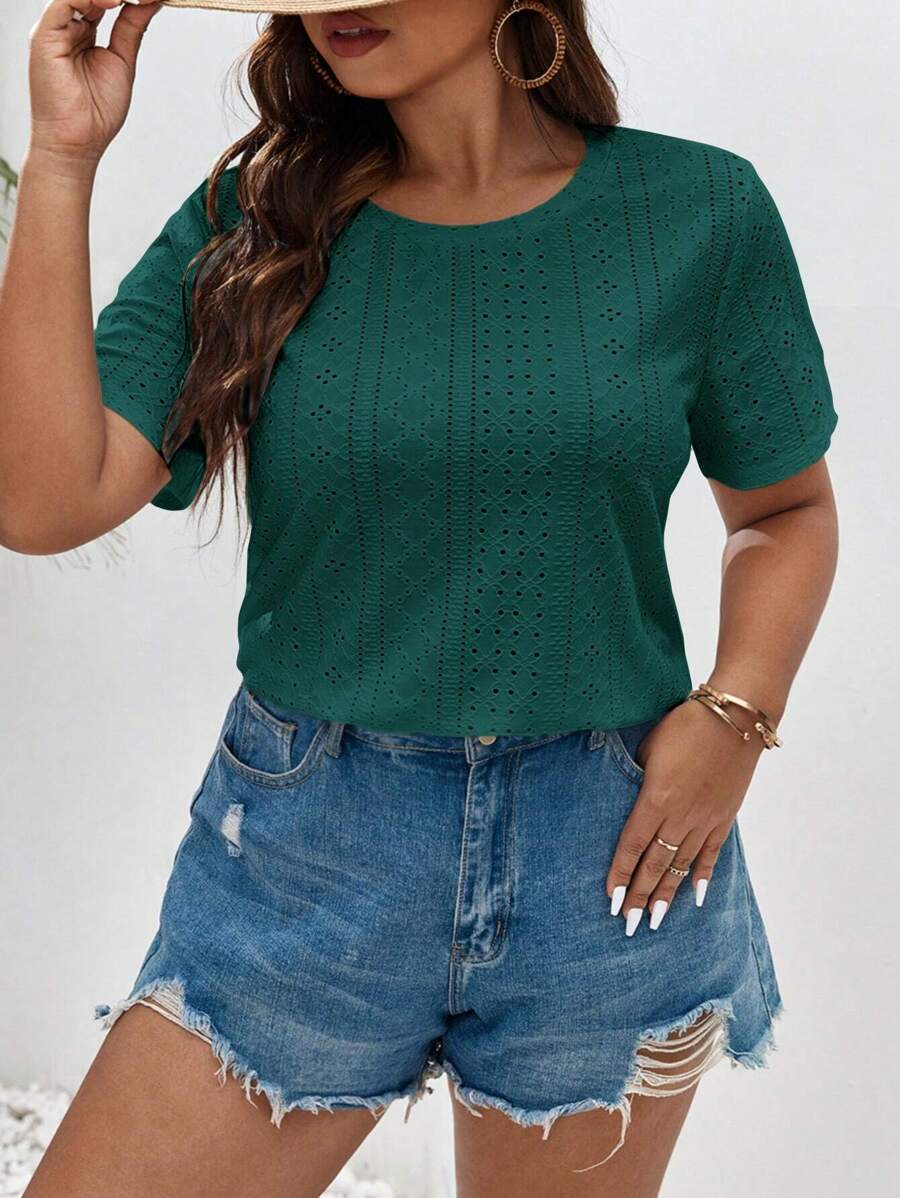 SHEIN Frenchy Plus Solid Eyelet Embroidery Tee