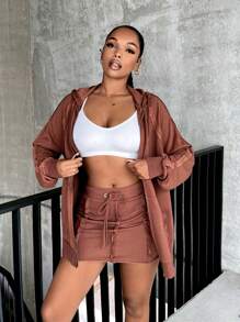 SHEIN SXY Zip Up Raglan Sleeve Drawstring Hoodie