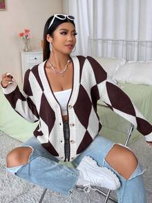 Flirla Hơn Họa tiết Argyle Thả vai Áo len Mở - Nhiều màu - Xem 6