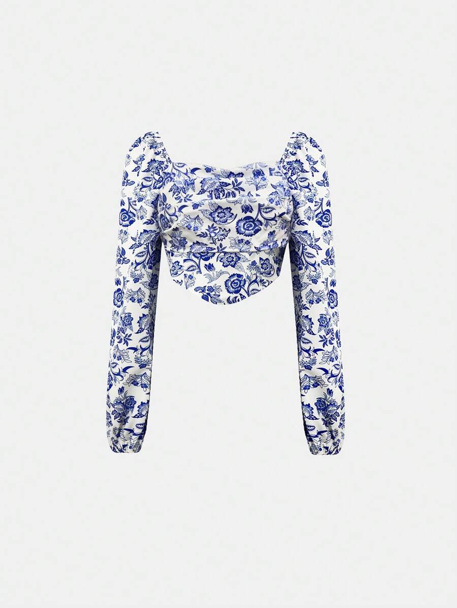 SHEIN Unity Floral Print Crop Blouse - Blue - View 1
