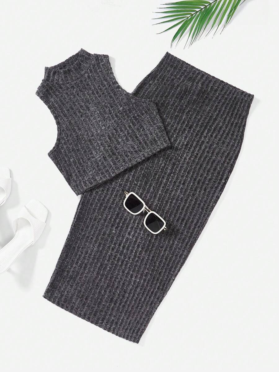 SHEIN EZwear 小高領背心上衣&半身裙 - 深灰色 - 查看 1