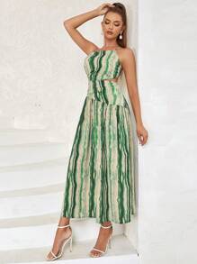 All-Over Print One-Shoulder Cutout Waistband Open-Back Strappy Dress - Dark Green - View 1