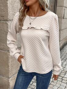 SHEIN LUNE Frill Trim Lantern Sleeve Sweatshirt - Apricot - View 4