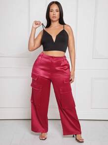 SHEIN SXY Plus Flap Pocket Side Wide Leg Pants - Watermelon Pink - View 3