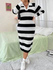 Flirla Plus Two Tone Polo Neck Sweater Dress - Black and White - View 1
