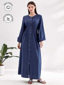 Mulvari Cotton Lantern Sleeve Fold Pleated Detail Button Front Dress - Navy Blue - View 1